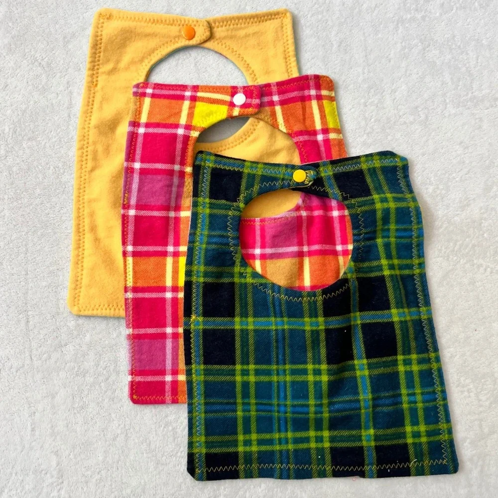 Handmade Flannel Baby Bibs Multicolor Food Plaid Snap Closure 3 Pack OS